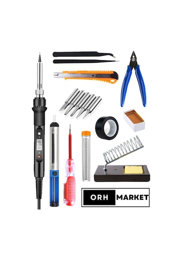 80W LCD Lehimleme Full Set – Dijital Havya, Stand, Uçlar, Cımbız, Pompa, Pasta ve Bant