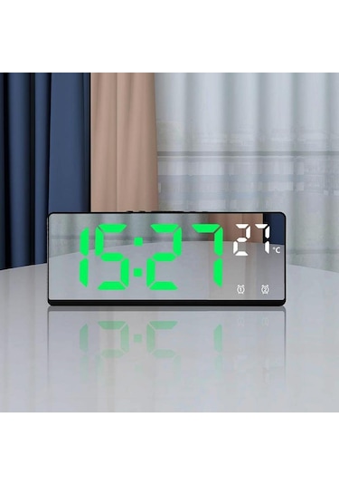 Yeşil Ses Kontrolü İle Dijital Ayna Çalar Saat Sıcaklık, Çift Alarm Erteleme Masaüstü Masa Saati Gece Modu 12/24 H Led Saat
