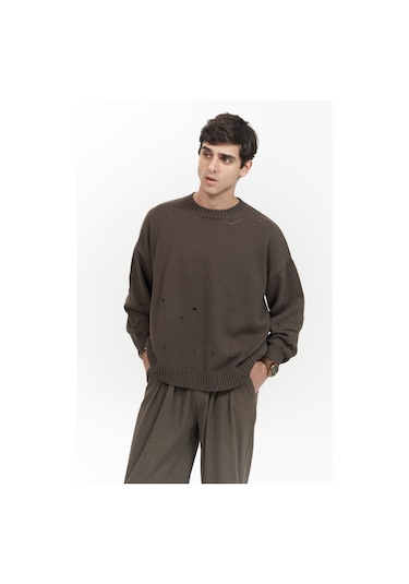 Alec Fitilli Yırtık Detay Kahve Erkek Triko Kazak Kahverengi