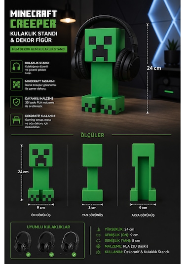 Minecraft Creeper Kulaklık Standı Ve Dekor Figürü 3d Baskı Gaming Masaüstü Aksesuarı
