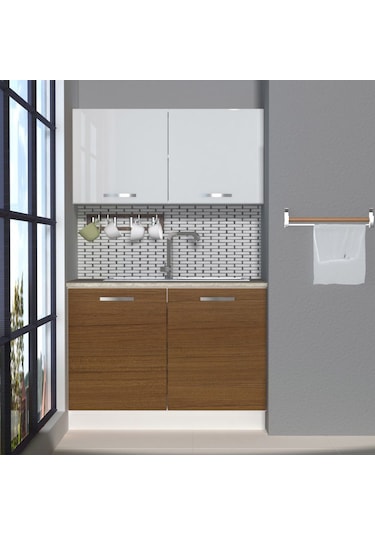 Decoraktiv Mini 120 Mdf Hazır Mutfak Dolabı - Tezgah Dahil - Ceviz Beyaz Beyaz - Ceviz