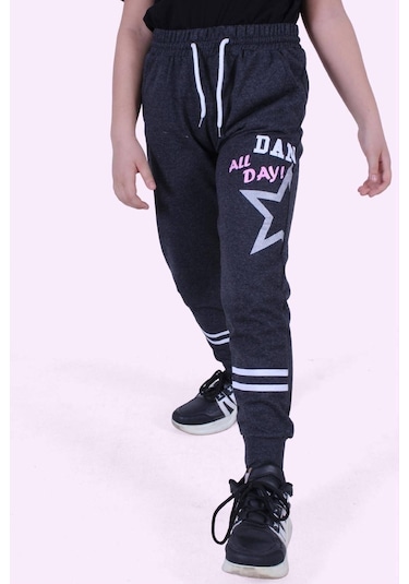 Yıldız Detaylı Yazı Baskılı Kız Çocuk Eşofman Altı Füme