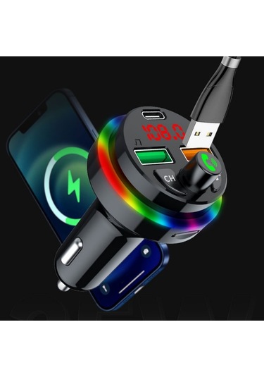 Pdf16 Araba Bluetooth 5.0 Fm Verici Renkli Ortam Işığı Tip C Çift Usb Hızlı Şarj Cihazı