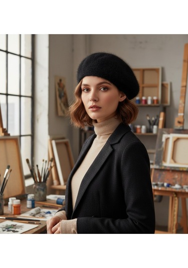 Derikem Fransız Tüylü Peluş Ressam Bere Kadın Şapka Siyah