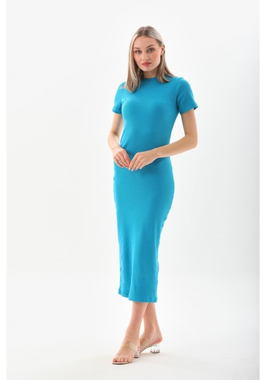 Turkuaz Kısa Kollu Diz Altı Fitilli Esnek Kalem Elbise  130 CM Turkuaz