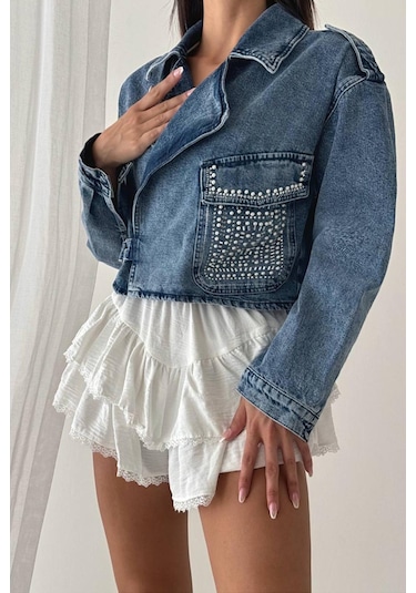 Lacarino 7660 Taşlı Kadın Jean Ceket Dark Blue Taşlı