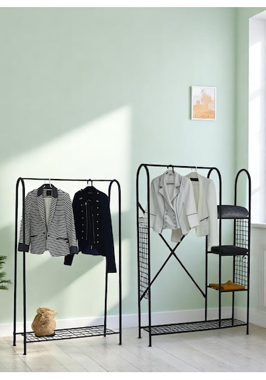 Bye Concept & More 2'li Askılık Seti Siyah Metal Raflı Portmanto ve Elbise Askılığı