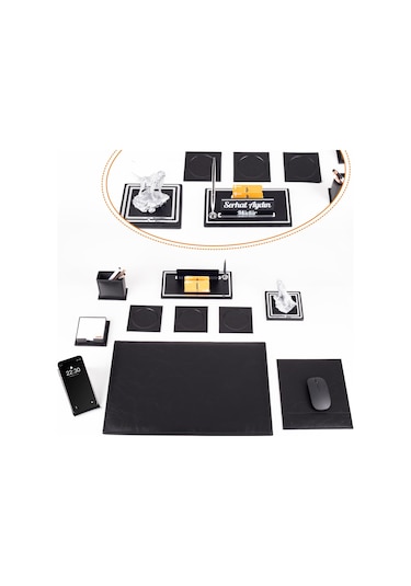 Opta 10 Parça Kurt Biblolu Siyah Deri Sümen Seti Takımı Gümüş Kalem Ofis Masa İsimliği Lüks İsimlik