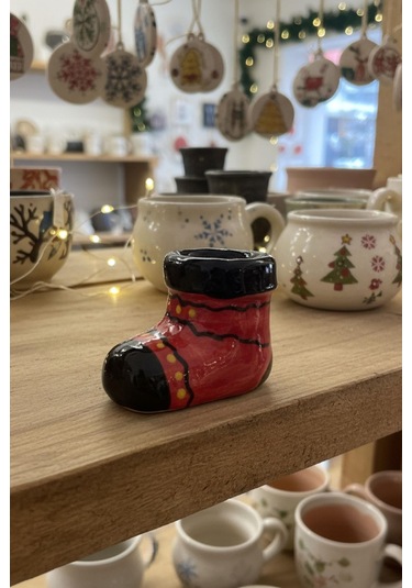 Kırmızı Bot Formlu Seramik Şamdan Çok Renkli