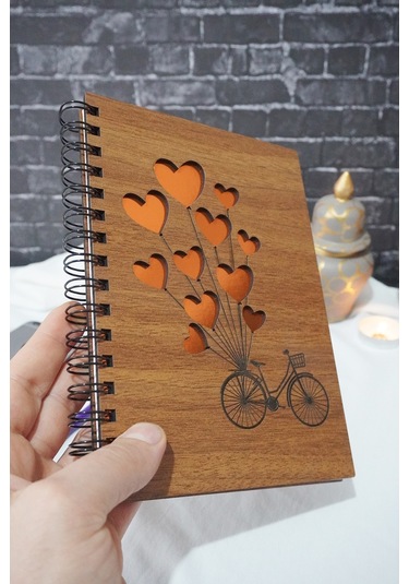 Balonlu Bisiklet Ahşap Defter - Ajanda - Spiralli - Çizgisiz Defter Ahşap Rengi Ceviz A5 Notebook Turuncu