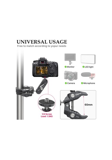 Reedark Çok Fonksiyonlu 360 Dönebilir Alüminyum Kelepçe 1/4 Ve 3/8 İnç Vida 1.5kg Yük Kapasiteli