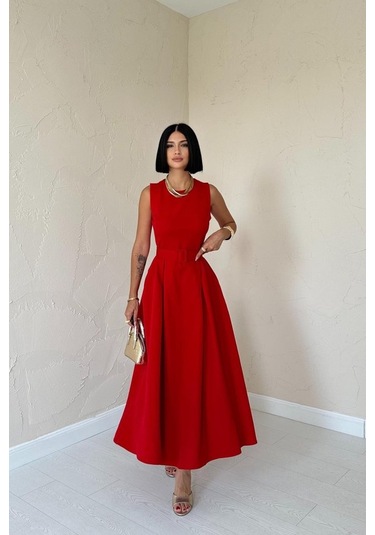 Kırmızı Halter Yaka Kloş Elbise Kırmızı