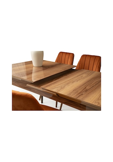 Kelebek Ceviz Renk Ahşap Salon Yemek Masa Sandalye Takımı 4 Sandalyeli Ortadan Açılır Büyüyen 80x130 Ceviz-krem