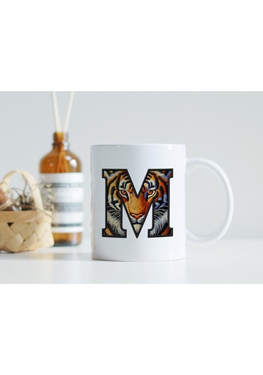 M Harfi Kaplan Figürlü Nakış Desenli Kupa Bardak - Kişiye Özel Vahşi Hayvan Desenli Kupa - Hediye Beyaz