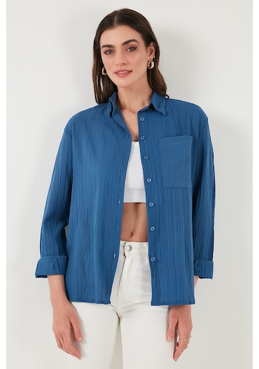 Lela Regular Fit Tek Cepli Önü Kısa Arkası Uzun Krinkıl Bayan Gömlek 6772752 Indigo