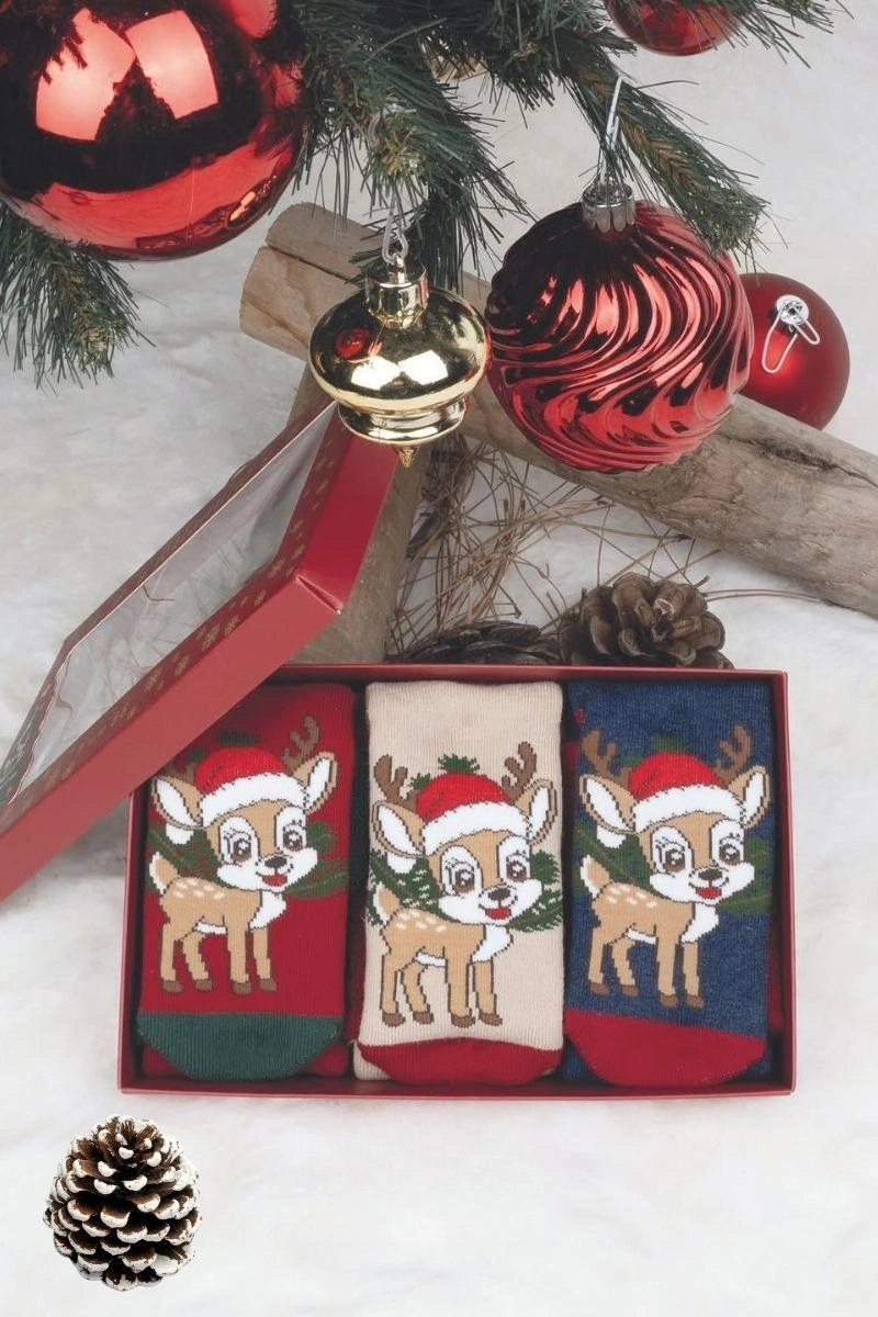 Katamino 3 Çift Unisex Kutulu Yılbaşı Hediyelik Yeniyıl Temalı Çocuk Soket Havlu Çorap