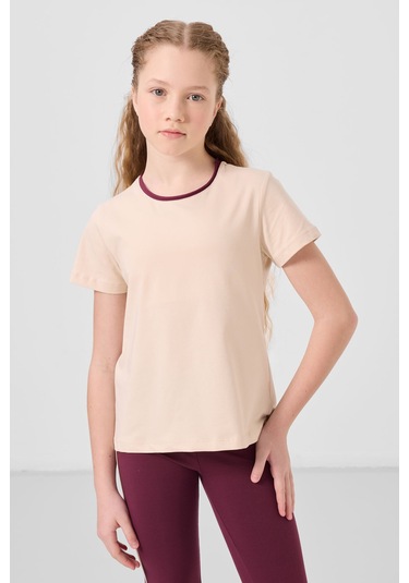 Bej-bordo Pamuklu O Yaka Standart Fit Basic İspanyol Paça Kız Çocuk Tayt Takım - 75192 Bej