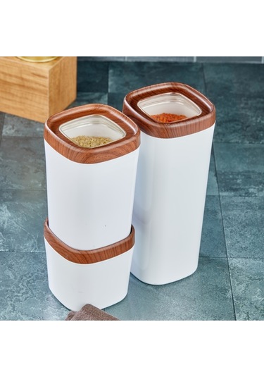 Ceronni Bonny Erzak Saklama Kabı 3lü Set Ahşap Kaplama Kapak Renkli Hazne 1,8lt - 1lt - 600ml Koyu Ahşap Ahşap