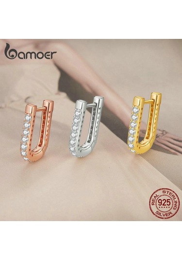 Bamoer 925 Ayar Gümüş Klasik U Şeklinde Kulak Tokaları Küpe Kadın Parlayan Zirkon Küpe Güzel Takı Hediye M