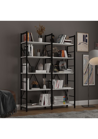 6 Raflı Metal Kitaplık İki Modül-metalk02-kül Gri