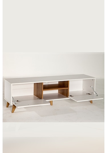 White Tv Ünitesi - Beyaz/Ceviz 160 Cm 2 Kapaklı + 2 Raflı Tv Sehp