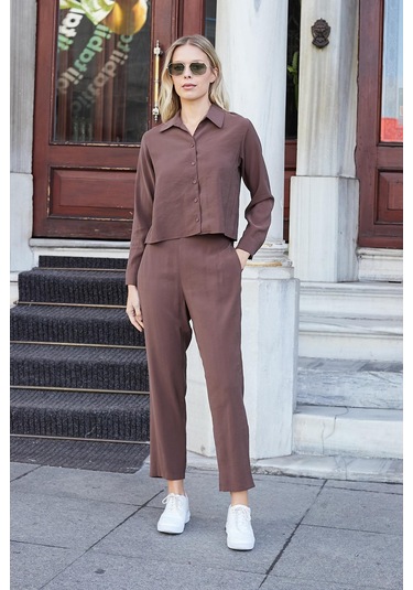 Kadın Likrasız Modal Kumaş Uzun Kol Hafif Kısa Gömlek-kahve Kahve