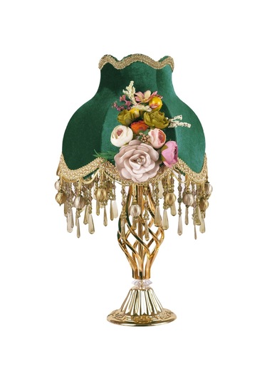 İki Adet Çiçek Dekorlu Abajur Gold Hürrem Yeşili Klasik Model