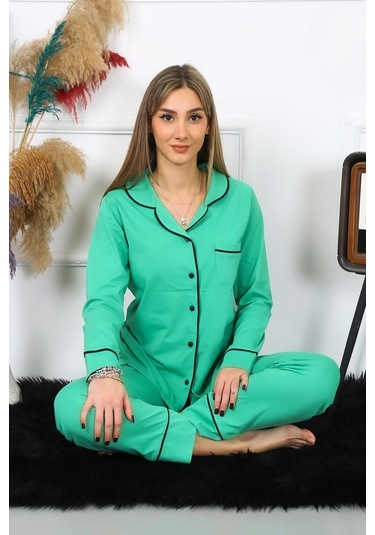 Akbeniz Kadın Pamuk Penye Önden Düğmeli Uzun Kol Yeşil Pijama Takım 2782-yesil Yeşil