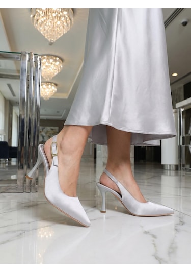 Nesilshoes Nesil Shoes Uraz 800 Gümüş Saten Arkası Açık Topuklu Kadın Ayakkabı