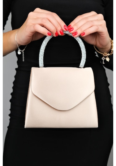 Monako Bej Saten Taşlı Kadın El Çantası Çok Renkli