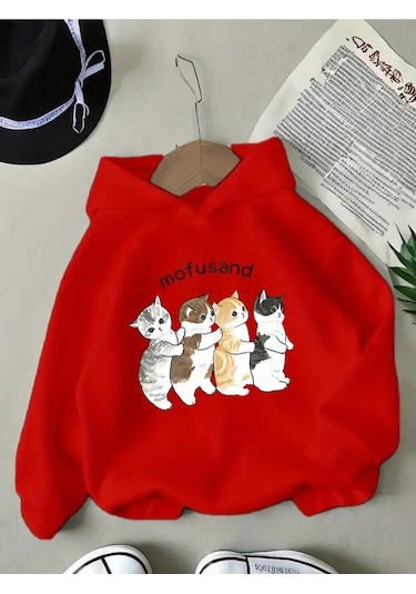 Kışlık Kapüşonlu Sweatshirt, Çocuk Ayakta Kediler Baskılı Kırmızı