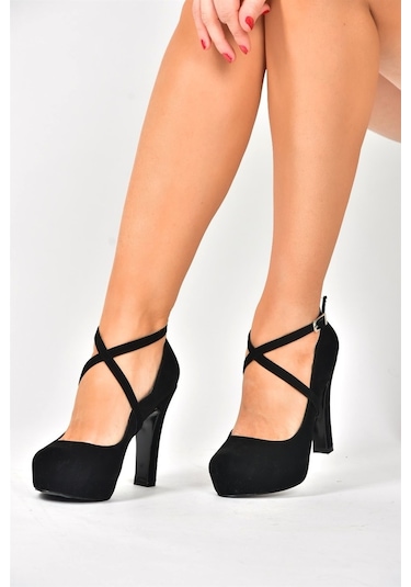 Fox Shoes Siyah/Siyah Nubuk Platform Topuklu Kadın Ayakkabı M3480 (539484041)