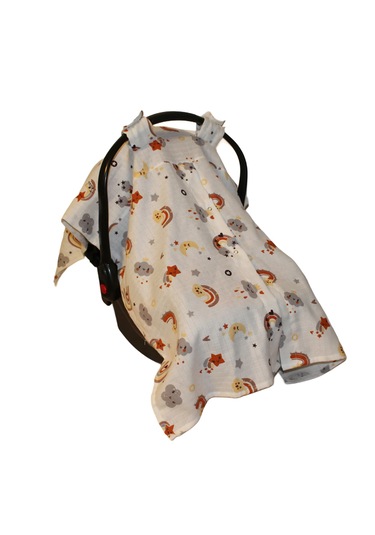 Gökkuşağı ve Yıldızlar Deseni Pamuk Müslin Kumaş Puset Örtüsü Rüya Temalı Puset Örtüsü Beyaz