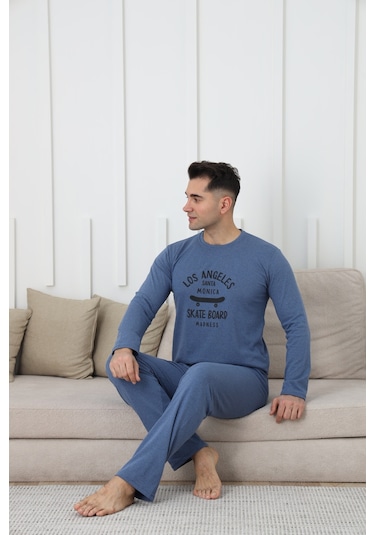Fames Pijama Erkek Uzun Kol Penye Pijama Takimi Mavi