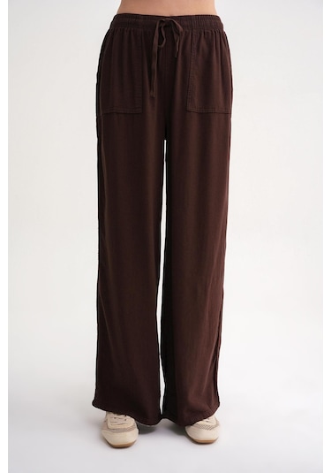 4629 Kadın Bol Paça Yüksek Bel Viskon Palazzo Pantolon Kahve Kahve