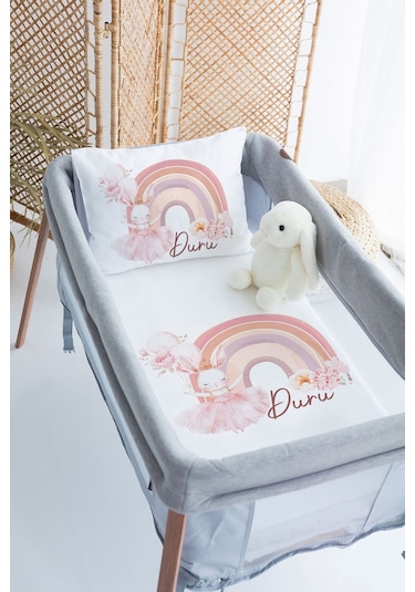 Lilabio %100 Pamuk Saten İsme Özel İsimli 70x120 Park Yatak Nevresim Seti Tavşan Gökkuşağı