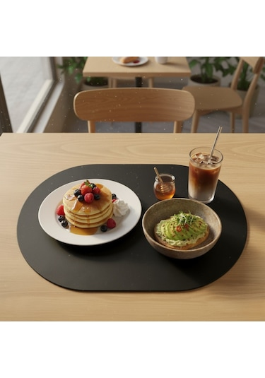 2 Adet Deri Siyah Tam Oval Amerikan Servis Supla 33x44 Cm-kolay Silinebilir Supla