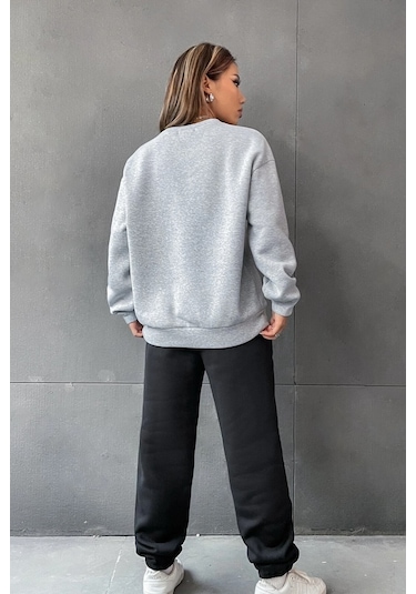 Modagen Kadın Siyah Gri Brooklyn Baskı Oversize Bisiklet Yaka Alt Üst Eşofman Takımı Grisiyah