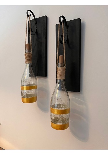 Tıpa Peri Led Işıklı Siyah Ahşap Cam Şampanya Şişesi Duvar Aplik Çok Renkli