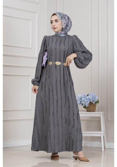 Fırfır Detaylı Rüya Elbise-gri-5470 Gri