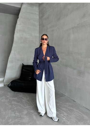 Lacivert Elegant Kuşaklı Ceket Lacivert