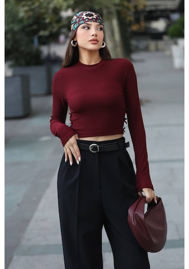 Mersi Bordo Bluz Ottoman Yan Kurdele Detay Bordo