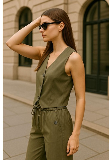 Keten Takım - Haki Yelek & Pantolon İkili Kombin - Modern Fit Yazlık Şık Takım Çok Renkli