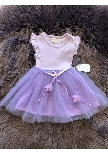 Kız Çocuk Özel Gün Doğum Günü Günlük Yılbaşı Hediye Abiye Pamuklu Tül Prenses Lila Elbise Mor