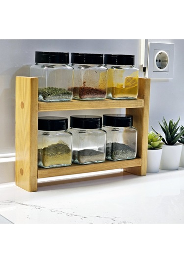 6'lı Baharatlık Standlı Cam Çift Yönlü Kapak 1. Sınıf Kalite Çam Bambu