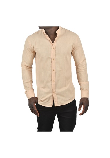 Deepsea Erkek Bej Hakim Yaka Flamlı Keten Gömlek Bej