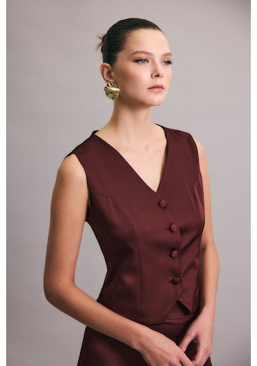 Sateen Klasik Düz Yelek - Bordo-137030 Bordo