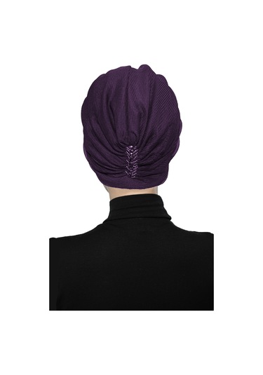 Dizayn Tüllü Kristal Taş İşlemeli Çift Taraflı Astarlı Mor Hazır Türban Tesettür Abiye Bone Mor