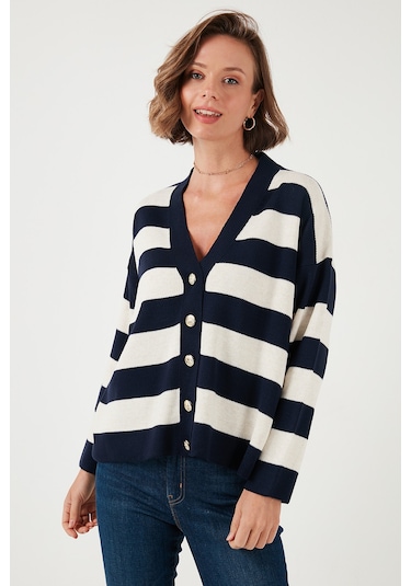 Lela Regular Fit Çizgili V Yaka Düğmeli Soft Akrilik Bayan Hırka 4615188 Lacivert-Taş