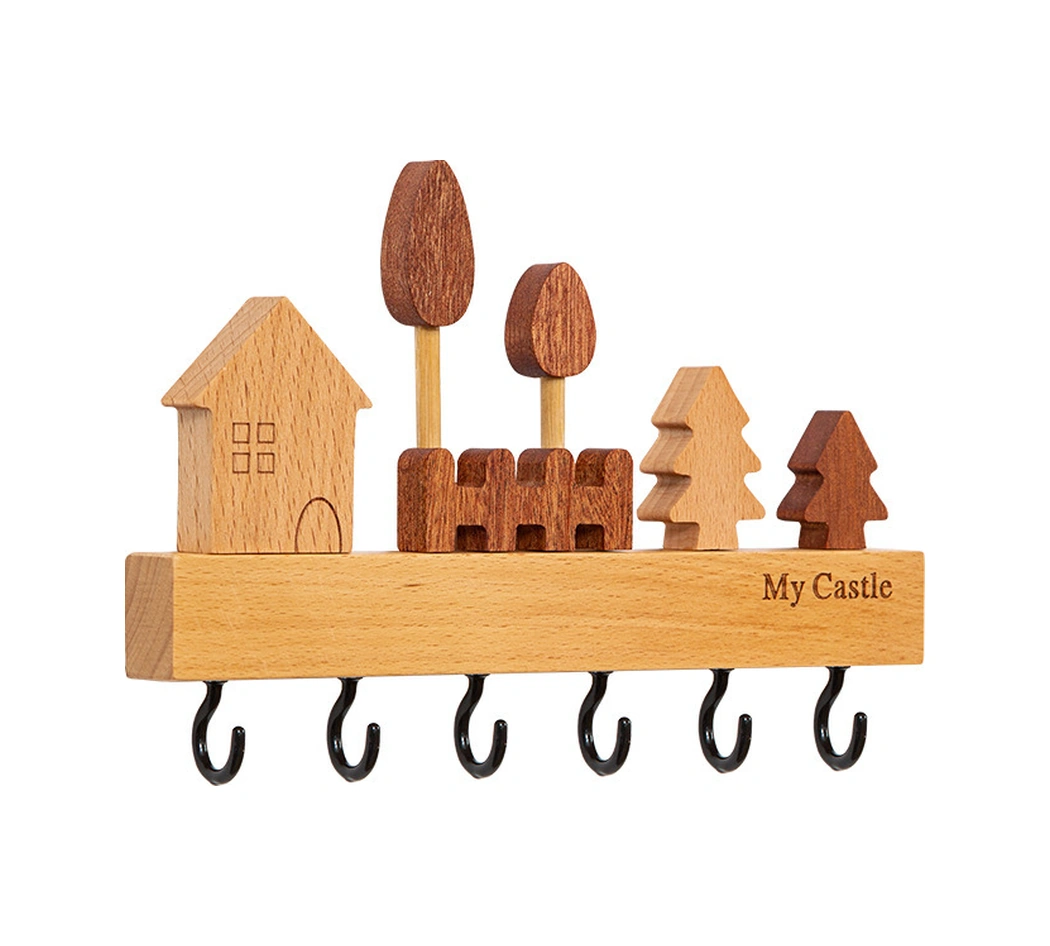 Fosenze Ahşap Anahtar Tutucu Duvar Tipi, Giriş Kapısı Nordik Stili, Delme Yok Kurulum, 6 Adet Kanca, Turuncu-yeşil Yeni Model